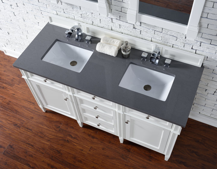 Brittany 60" Double Vanity, Bright White Vanity w/ 3 CM Charcoal Soapstone Silestone Top