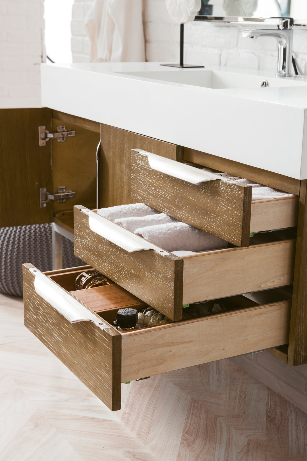 Columbia 48" Single Wall Mount Vanity, Latte Oak, Brushed Nickel w/ Glossy White Composite Stone Top