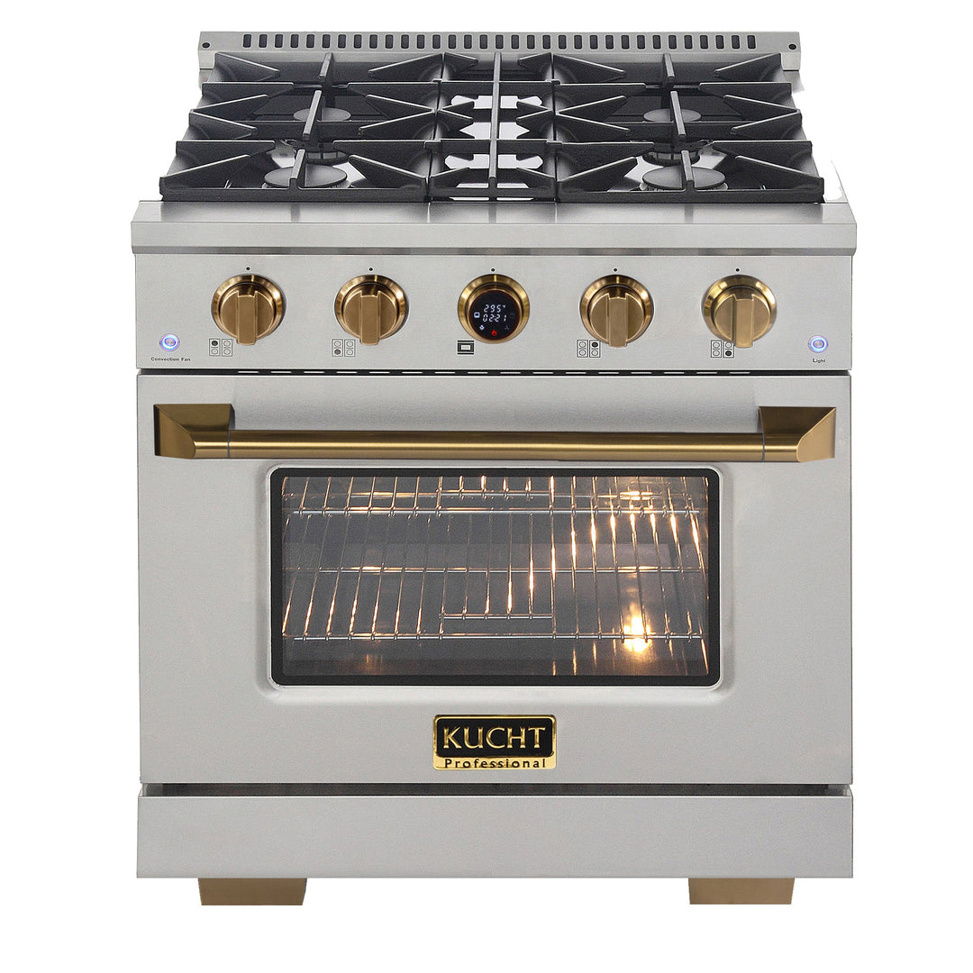 30 in. 4.2 cu. ft. 4 Burners Dual Fuel Range for Propane Gas in Stainless Steel with Gold Accents and Kucht Horus Thermostat