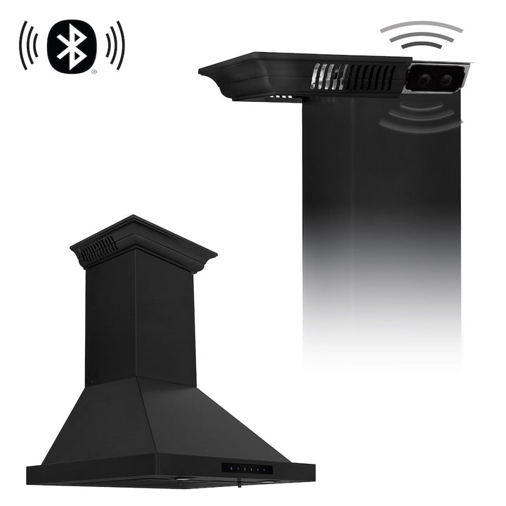 30" ZLINE CrownSoundâ„¢Ducted Vent Wall Mount Range Hood in Black Stainless Steel with Built-in Bluetooth Speakers (BSKBNCRN-BT-30)