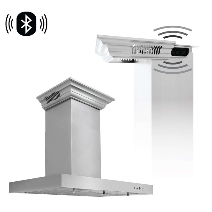 30" ZLINE CrownSoundâ„¢Ducted Vent Wall Mount Range Hood in Stainless Steel with Built-in Bluetooth Speakers (KECRN-BT-30)