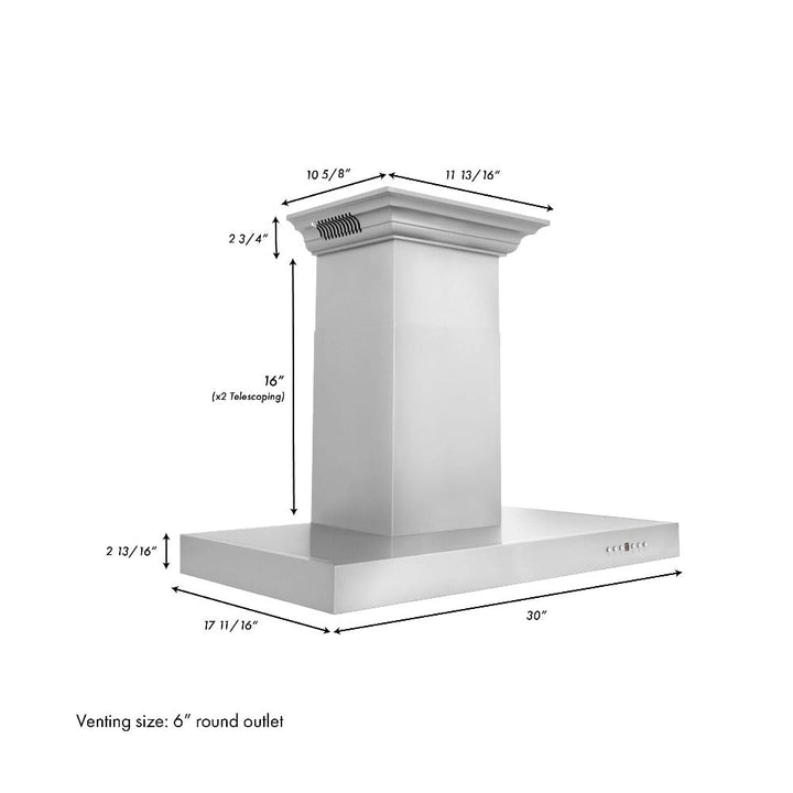 30" ZLINE CrownSoundâ„¢Ducted Vent Wall Mount Range Hood in Stainless Steel with Built-in Bluetooth Speakers (KECRN-BT-30)
