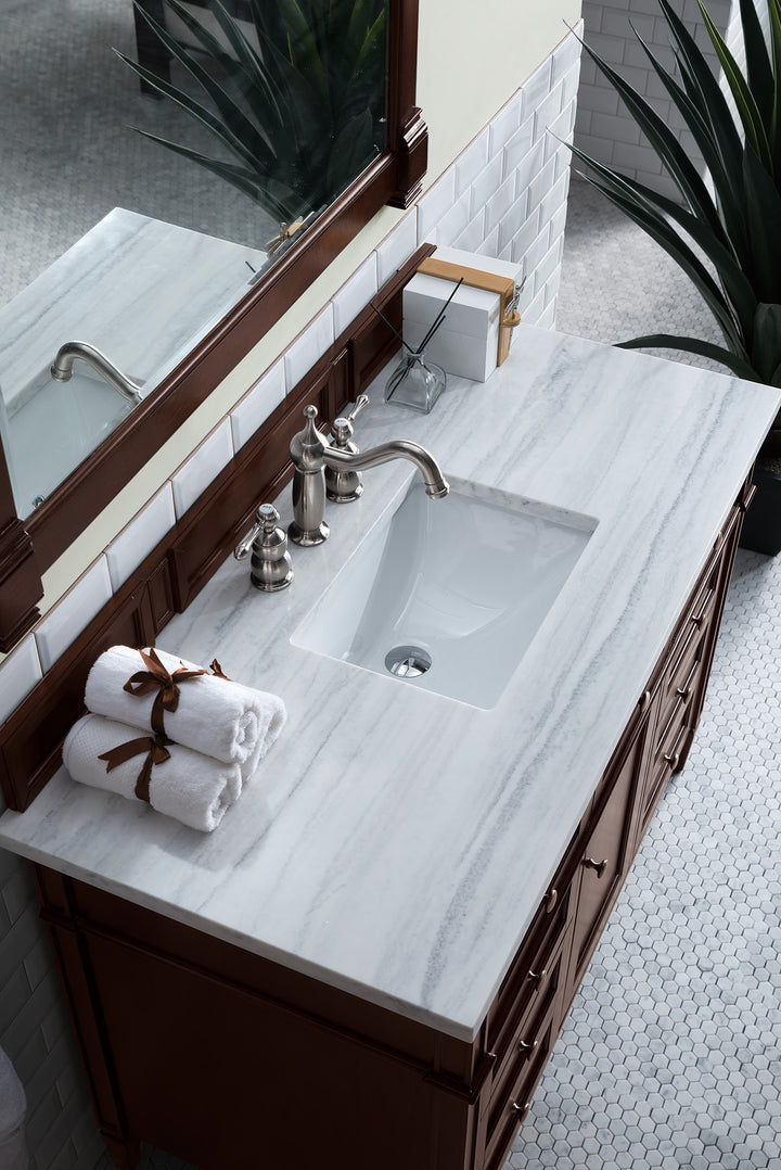 Brittany 48" Single Vanity, Burnished Mahogany w/ 3 CM Arctic Fall Solid Surface Top