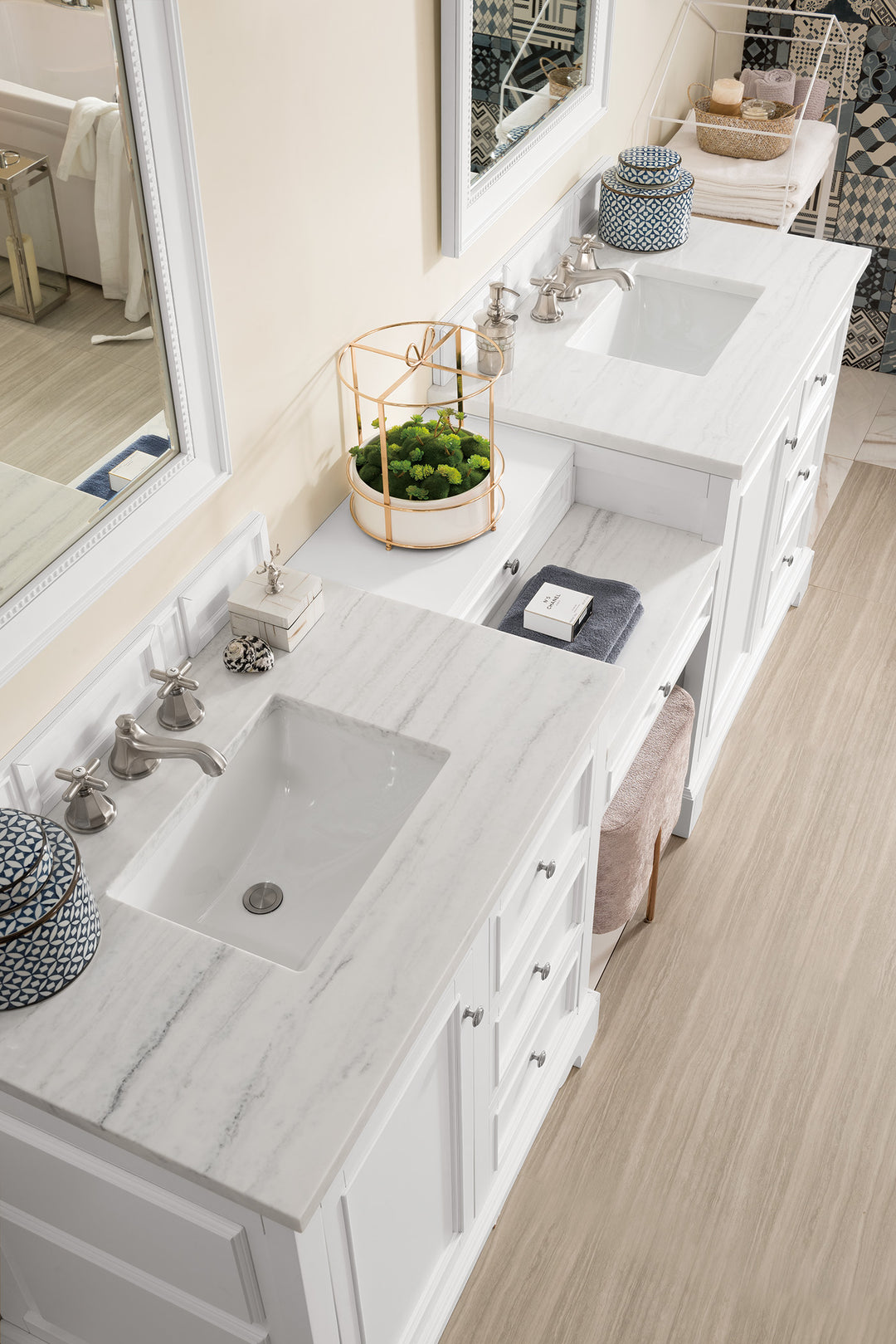 De Soto 94" Double Vanity Set, Bright White w/ 3 CM Arctic Fall Solid Surface Top