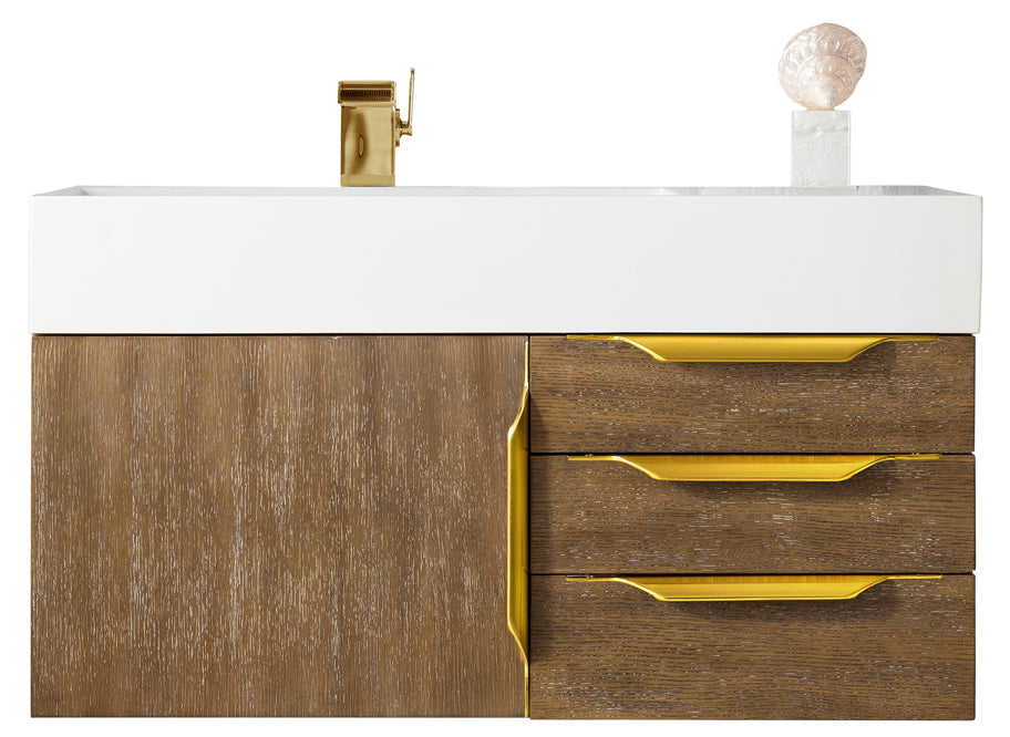 Columbia 36" Single Wall Mount Vanity, Latte Oak, Radiant Gold w/ Glossy White Composite Stone Top