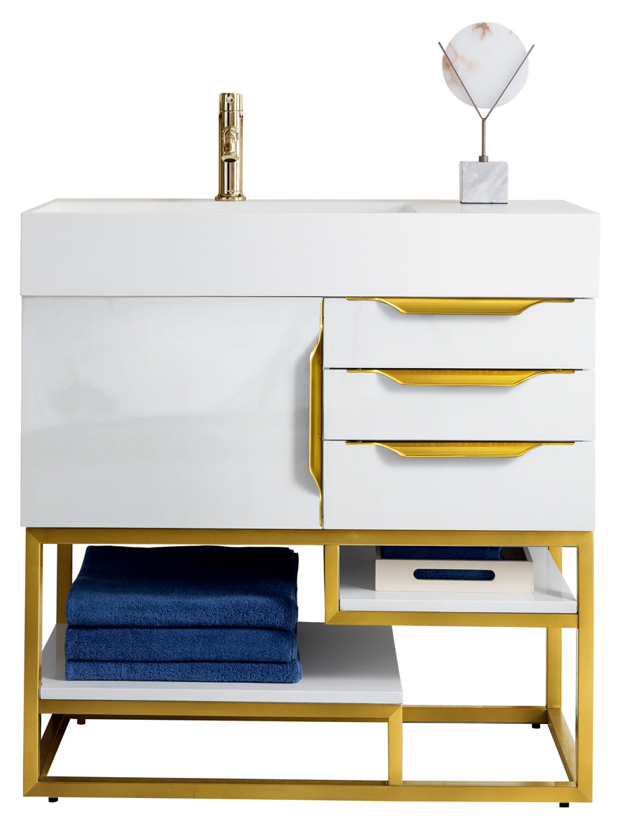 Columbia 36" Single Vanity Cabinet, Glossy White, Radiant Gold