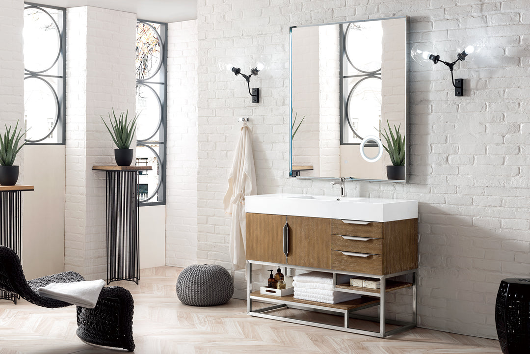 Columbia 48" Single Vanity, Latte Oak, Brushed Nickel w/ Glossy White Composite Stone Top