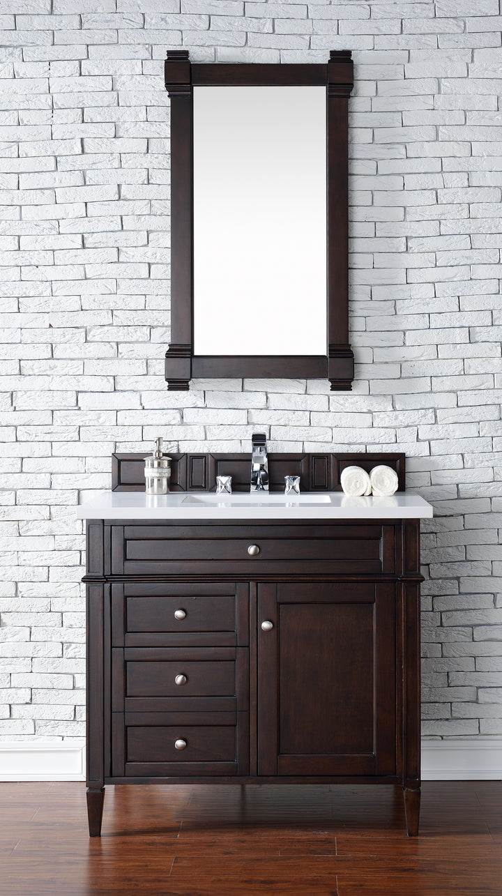 Brittany 36" Single Vanity, Burnished Mahogany w/ 3 CM White Zeus Silestone Top