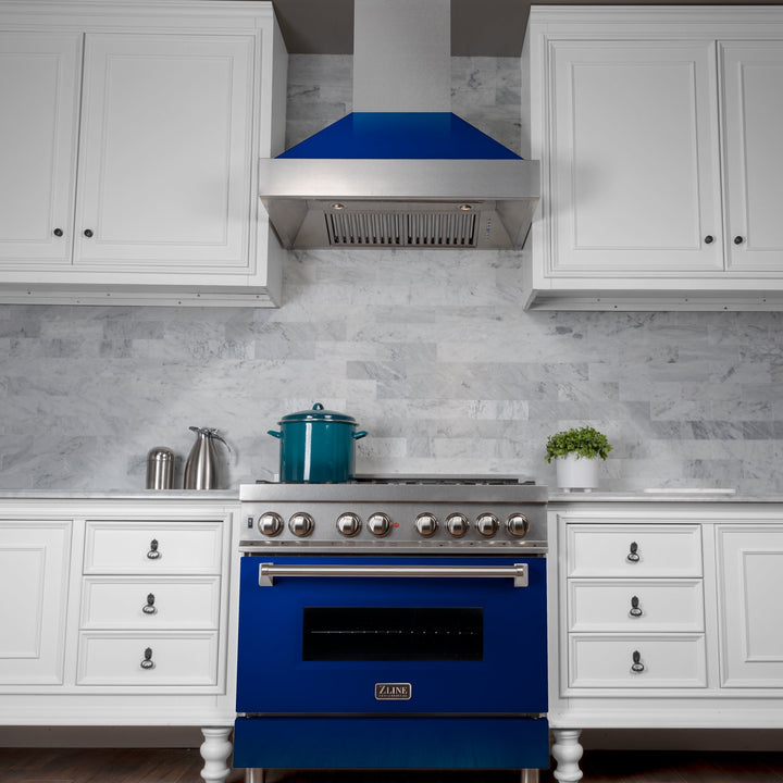 36" Ducted Fingerprint Resistant Stainless Steel Range Hood with Blue Gloss Shell (8654BG-36)