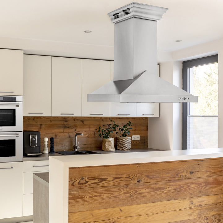 36 in. ZLINE CrownSoundâ„¢Ducted Vent Island Mount Range Hood in Stainless Steel with Built-in Bluetooth Speakers (GL1iCRN-BT-36)