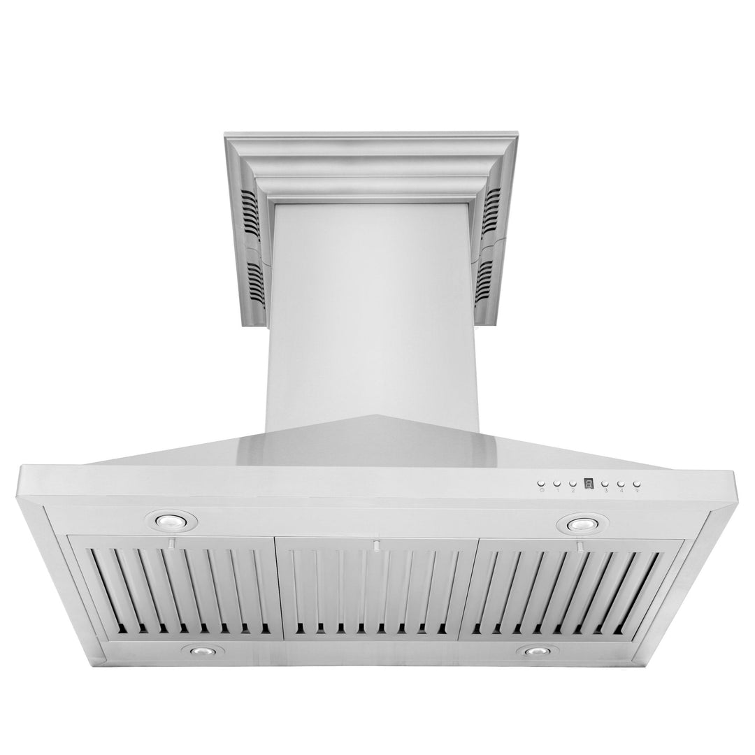 36 in. ZLINE CrownSoundâ„¢Ducted Vent Island Mount Range Hood in Stainless Steel with Built-in Bluetooth Speakers (GL1iCRN-BT-36)