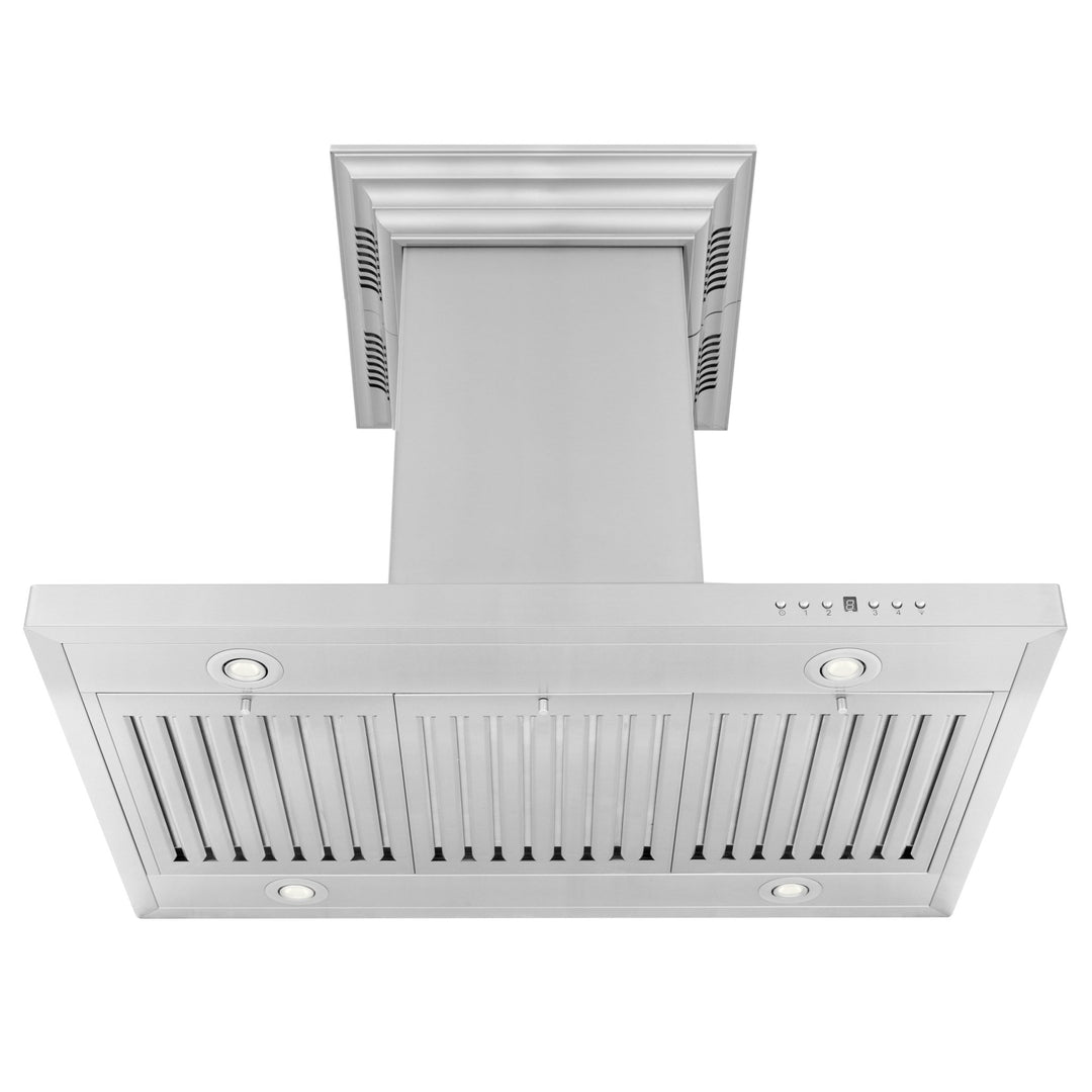 36" ZLINE CrownSoundâ„¢Ducted Vent Island Mount Range Hood in Stainless Steel with Built-in Bluetooth Speakers (GL2iCRN-BT-36)