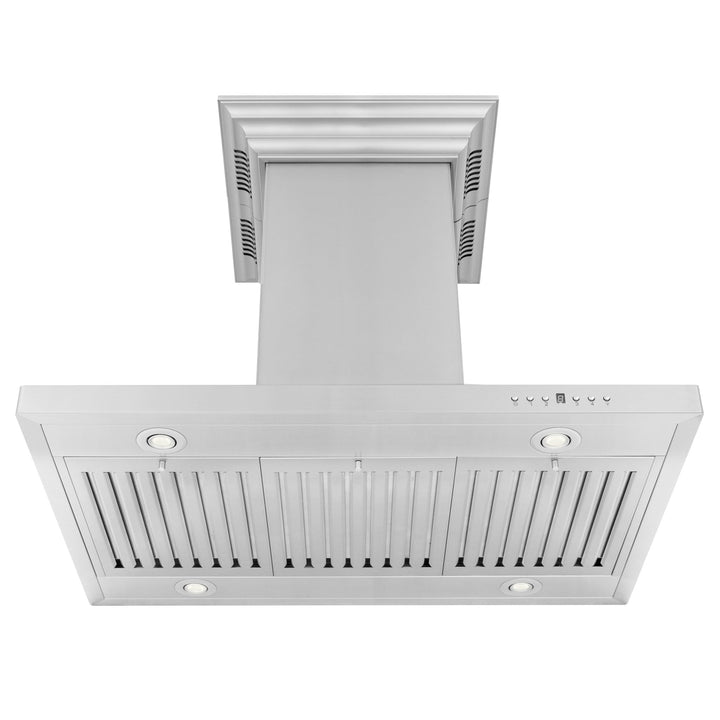 36" ZLINE CrownSoundâ„¢Ducted Vent Island Mount Range Hood in Stainless Steel with Built-in Bluetooth Speakers (GL2iCRN-BT-36)