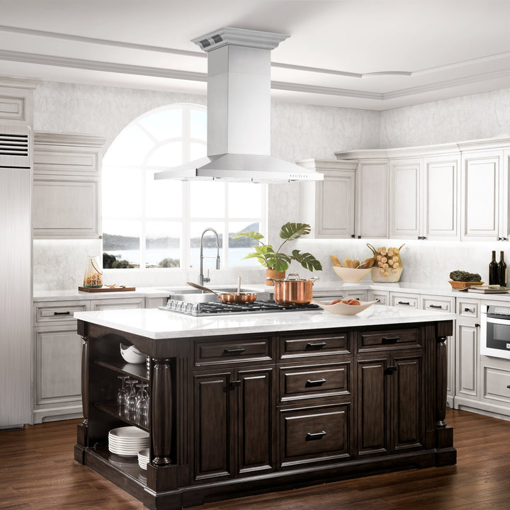 36" ZLINE CrownSoundâ„¢Ducted Vent Island Mount Range Hood in Stainless Steel with Built-in Bluetooth Speakers (GL2iCRN-BT-36)