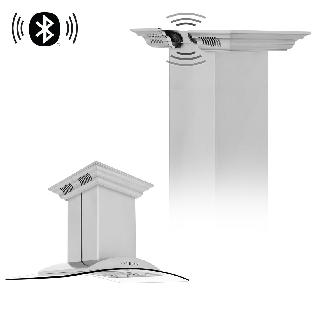 36" ZLINE CrownSoundâ„¢Ducted Vent Island Mount Range Hood in Stainless Steel with Built-in Bluetooth Speakers (GL9iCRN-BT-36)