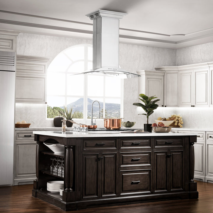 36" ZLINE CrownSoundâ„¢Ducted Vent Island Mount Range Hood in Stainless Steel with Built-in Bluetooth Speakers (GL9iCRN-BT-36)