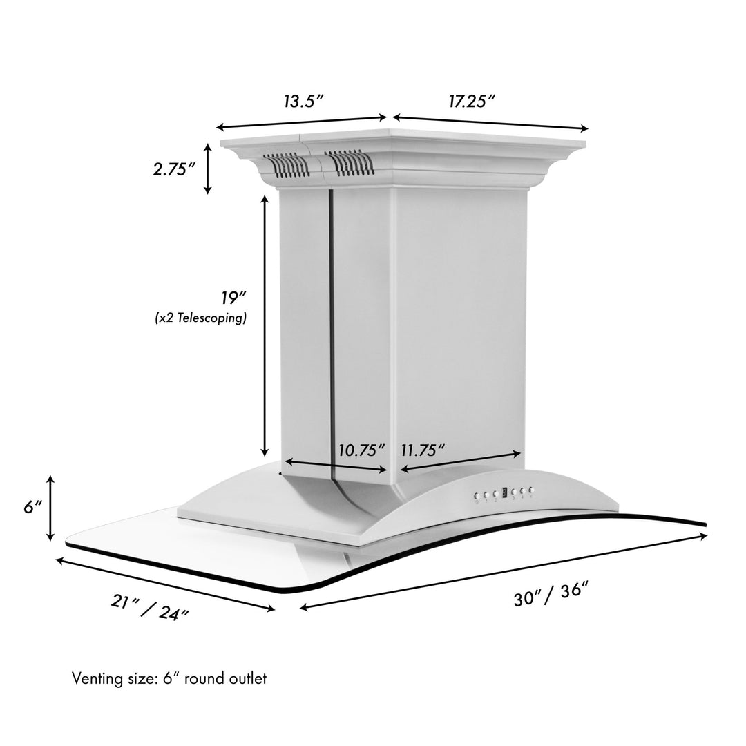 36" ZLINE CrownSoundâ„¢Ducted Vent Island Mount Range Hood in Stainless Steel with Built-in Bluetooth Speakers (GL9iCRN-BT-36)
