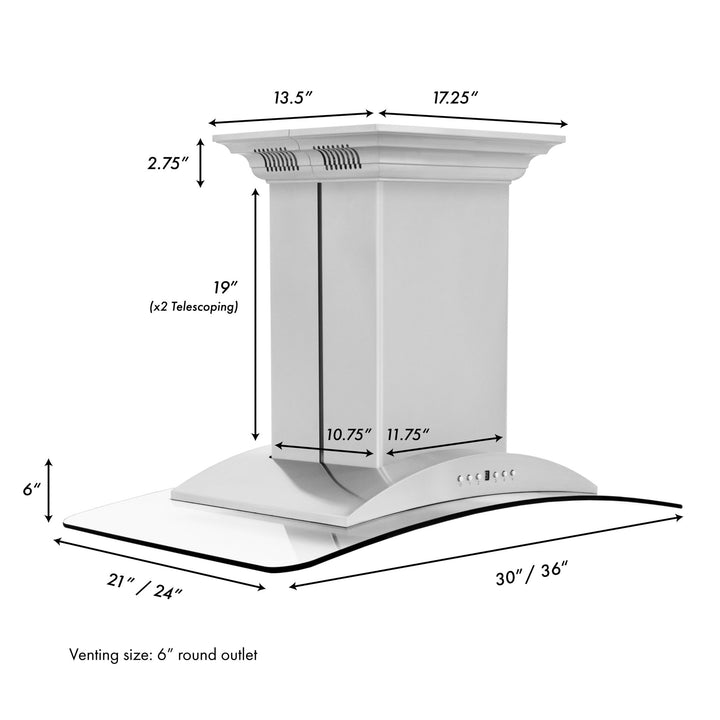 36" ZLINE CrownSoundâ„¢Ducted Vent Island Mount Range Hood in Stainless Steel with Built-in Bluetooth Speakers (GL9iCRN-BT-36)