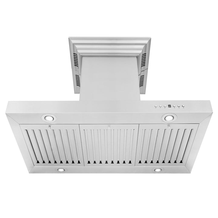 36" ZLINE CrownSoundâ„¢Ducted Vent Island Mount Range Hood in Stainless Steel with Built-in Bluetooth Speakers (KE2iCRN-BT-36)