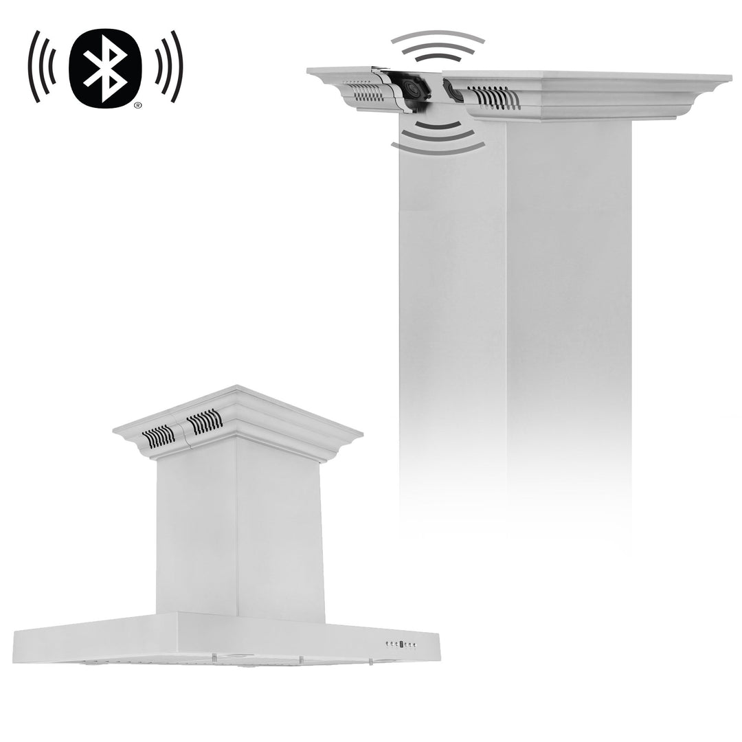 36" ZLINE CrownSoundâ„¢Ducted Vent Island Mount Range Hood in Stainless Steel with Built-in Bluetooth Speakers (KE2iCRN-BT-36)