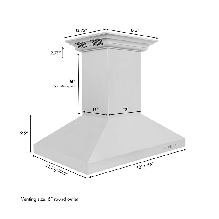 36" ZLINE CrownSoundâ„¢Ducted Vent Island Mount Range Hood in Stainless Steel with Built-in Bluetooth Speakers (KL3iCRN-BT-36)