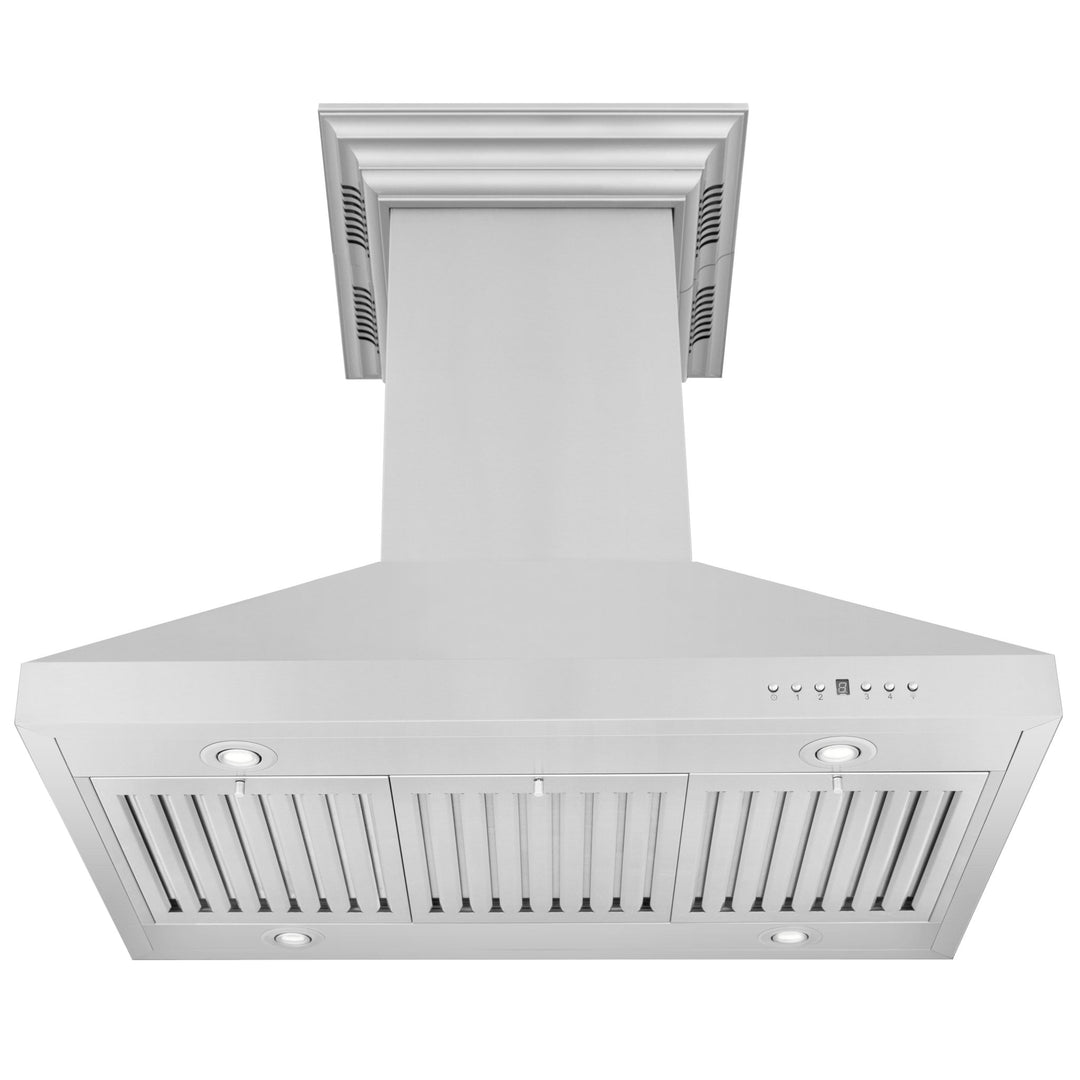 36" ZLINE CrownSoundâ„¢Ducted Vent Island Mount Range Hood in Stainless Steel with Built-in Bluetooth Speakers (KL3iCRN-BT-36)