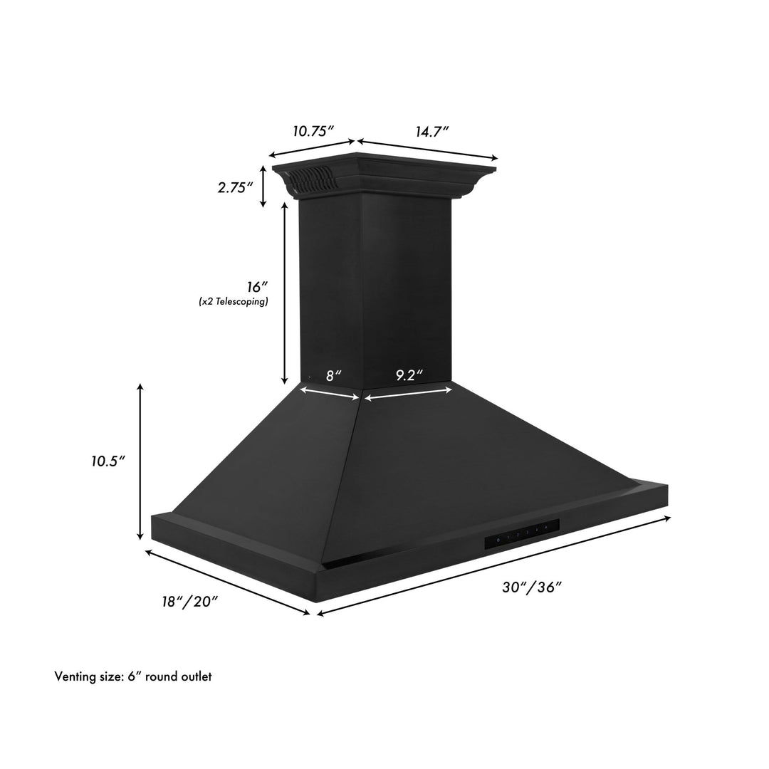 36" ZLINE CrownSoundâ„¢Ducted Vent Wall Mount Range Hood in Black Stainless Steel with Built-in Bluetooth Speakers (BSKBNCRN-BT-36)