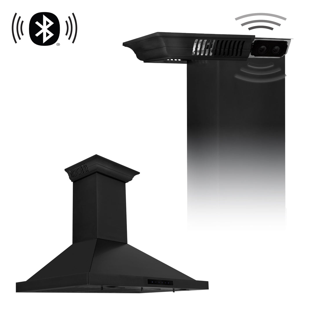 36" ZLINE CrownSoundâ„¢Ducted Vent Wall Mount Range Hood in Black Stainless Steel with Built-in Bluetooth Speakers (BSKBNCRN-BT-36)