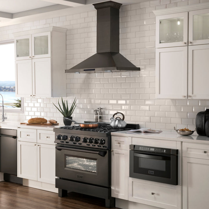 36" ZLINE CrownSoundâ„¢Ducted Vent Wall Mount Range Hood in Black Stainless Steel with Built-in Bluetooth Speakers (BSKBNCRN-BT-36)