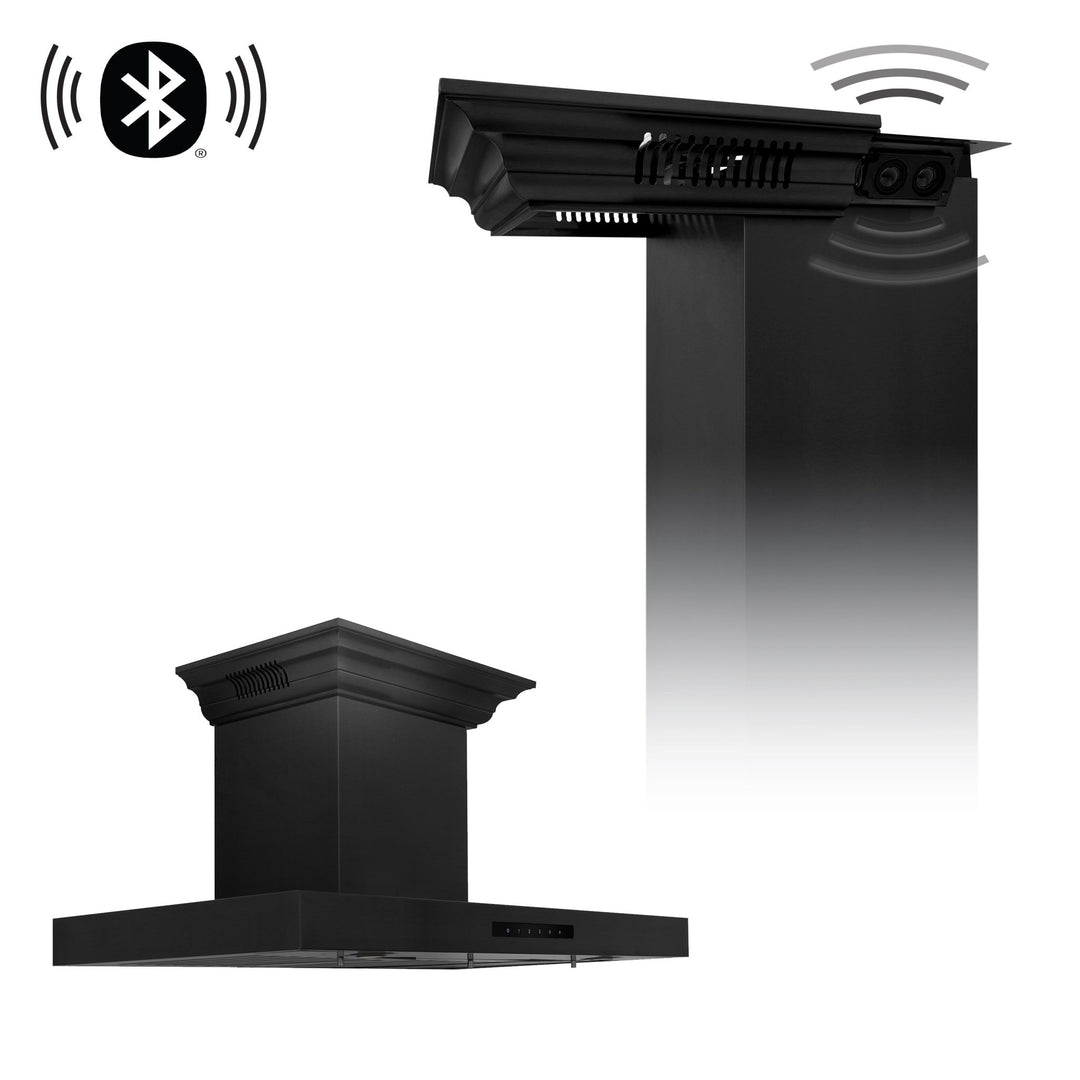 36" ZLINE CrownSoundâ„¢Ducted Vent Wall Mount Range Hood in Black Stainless Steel with Built-in Bluetooth Speakers (BSKENCRN-BT-36)