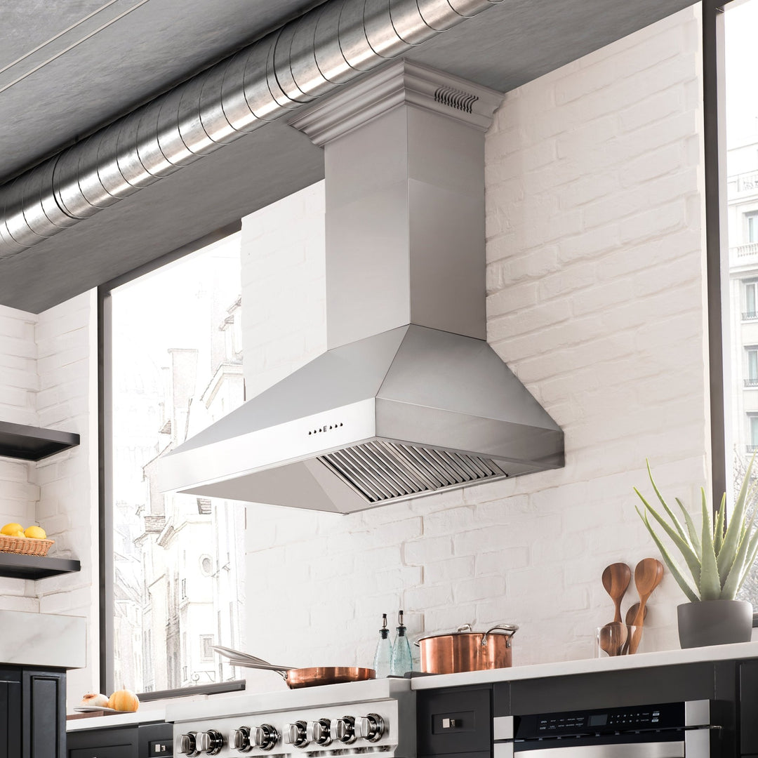 36" ZLINE CrownSoundâ„¢Ducted Vent Wall Mount Range Hood in Stainless Steel with Built-in Bluetooth Speakers (697CRN-BT-36)