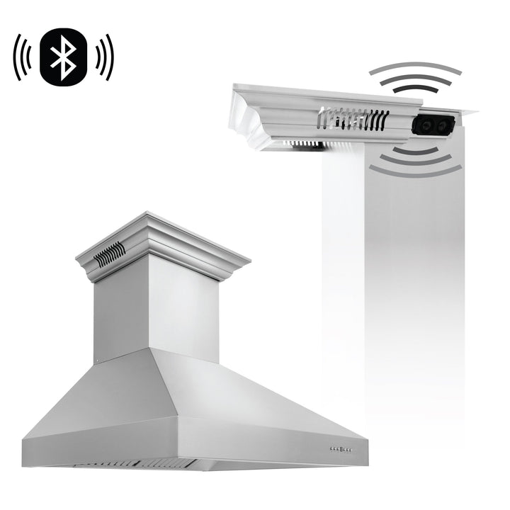 36" ZLINE CrownSoundâ„¢Ducted Vent Wall Mount Range Hood in Stainless Steel with Built-in Bluetooth Speakers (697CRN-BT-36)
