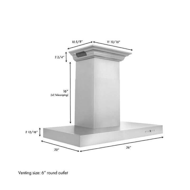36" ZLINE CrownSoundâ„¢Ducted Vent Wall Mount Range Hood in Stainless Steel with Built-in Bluetooth Speakers (KECRN-BT-36)