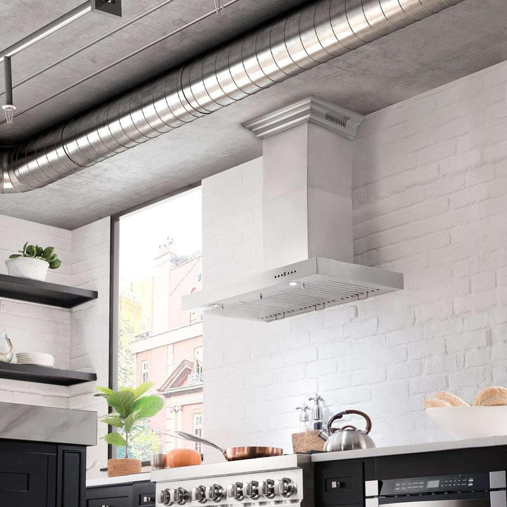 36" ZLINE CrownSoundâ„¢Ducted Vent Wall Mount Range Hood in Stainless Steel with Built-in Bluetooth Speakers (KECRN-BT-36)