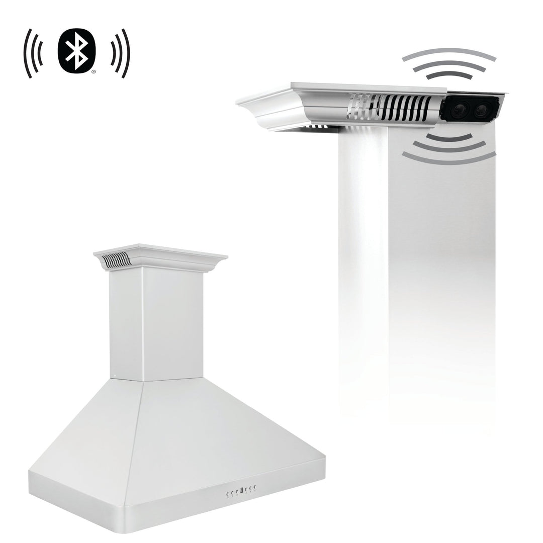 36" ZLINE CrownSoundâ„¢Ducted Vent Wall Mount Range Hood in Stainless Steel with Built-in Bluetooth Speakers (KF2CRN-BT-36)