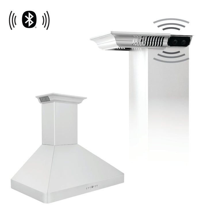 36" ZLINE CrownSoundâ„¢Ducted Vent Wall Mount Range Hood in Stainless Steel with Built-in Bluetooth Speakers (KF2CRN-BT-36)