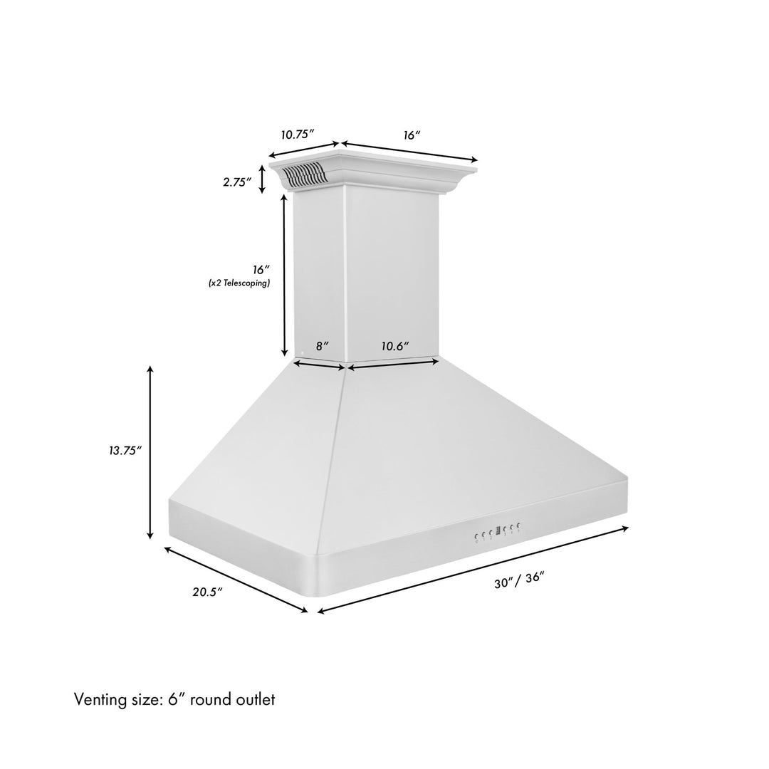 36" ZLINE CrownSoundâ„¢Ducted Vent Wall Mount Range Hood in Stainless Steel with Built-in Bluetooth Speakers (KF2CRN-BT-36)