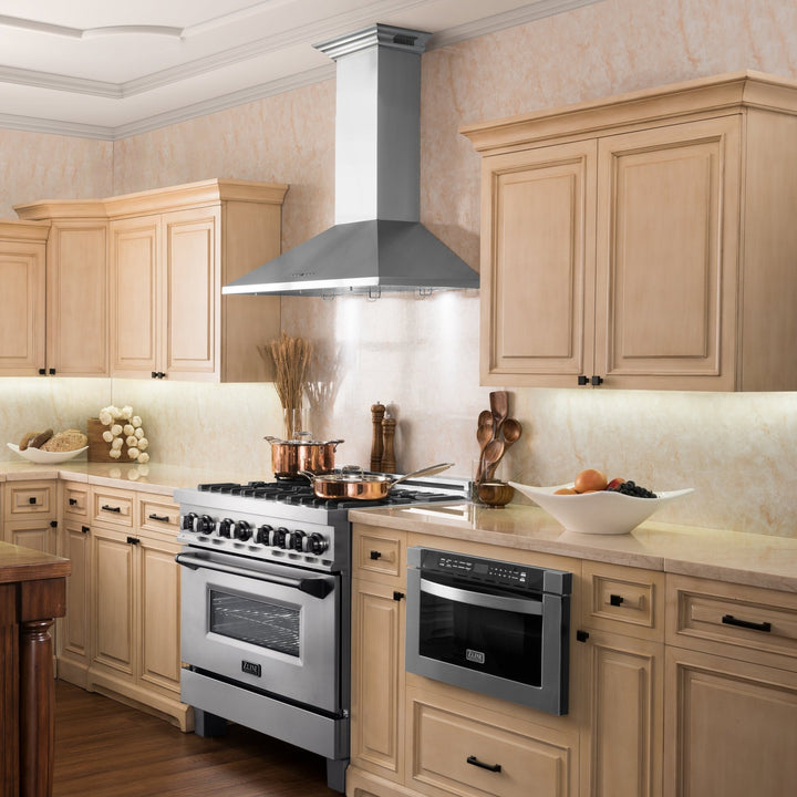 36" ZLINE CrownSoundâ„¢Ducted Vent Wall Mount Range Hood in Stainless Steel with Built-in Bluetooth Speakers (KL2CRN-BT-36)