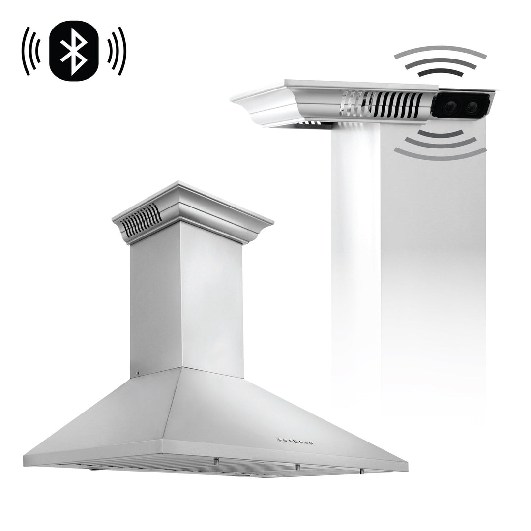 36" ZLINE CrownSoundâ„¢Ducted Vent Wall Mount Range Hood in Stainless Steel with Built-in Bluetooth Speakers (KL2CRN-BT-36)