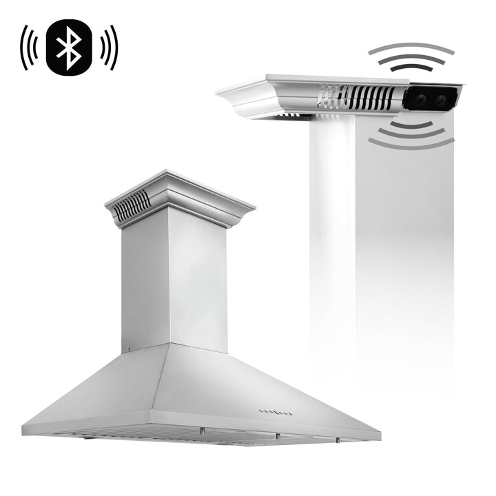36" ZLINE CrownSoundâ„¢Ducted Vent Wall Mount Range Hood in Stainless Steel with Built-in Bluetooth Speakers (KL2CRN-BT-36)
