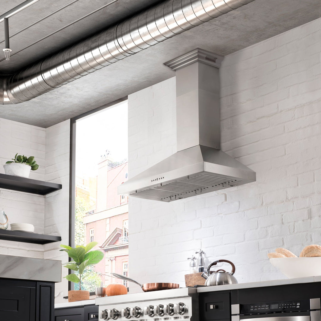 36" ZLINE CrownSoundâ„¢Ducted Vent Wall Mount Range Hood in Stainless Steel with Built-in Bluetooth Speakers (KL3CRN-BT-36)