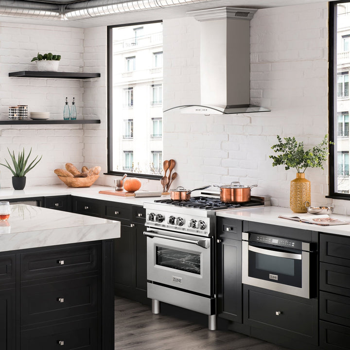 36" ZLINE CrownSoundâ„¢Ducted Vent Wall Mount Range Hood in Stainless Steel with Built-in Bluetooth Speakers (KN4CRN-BT-36)