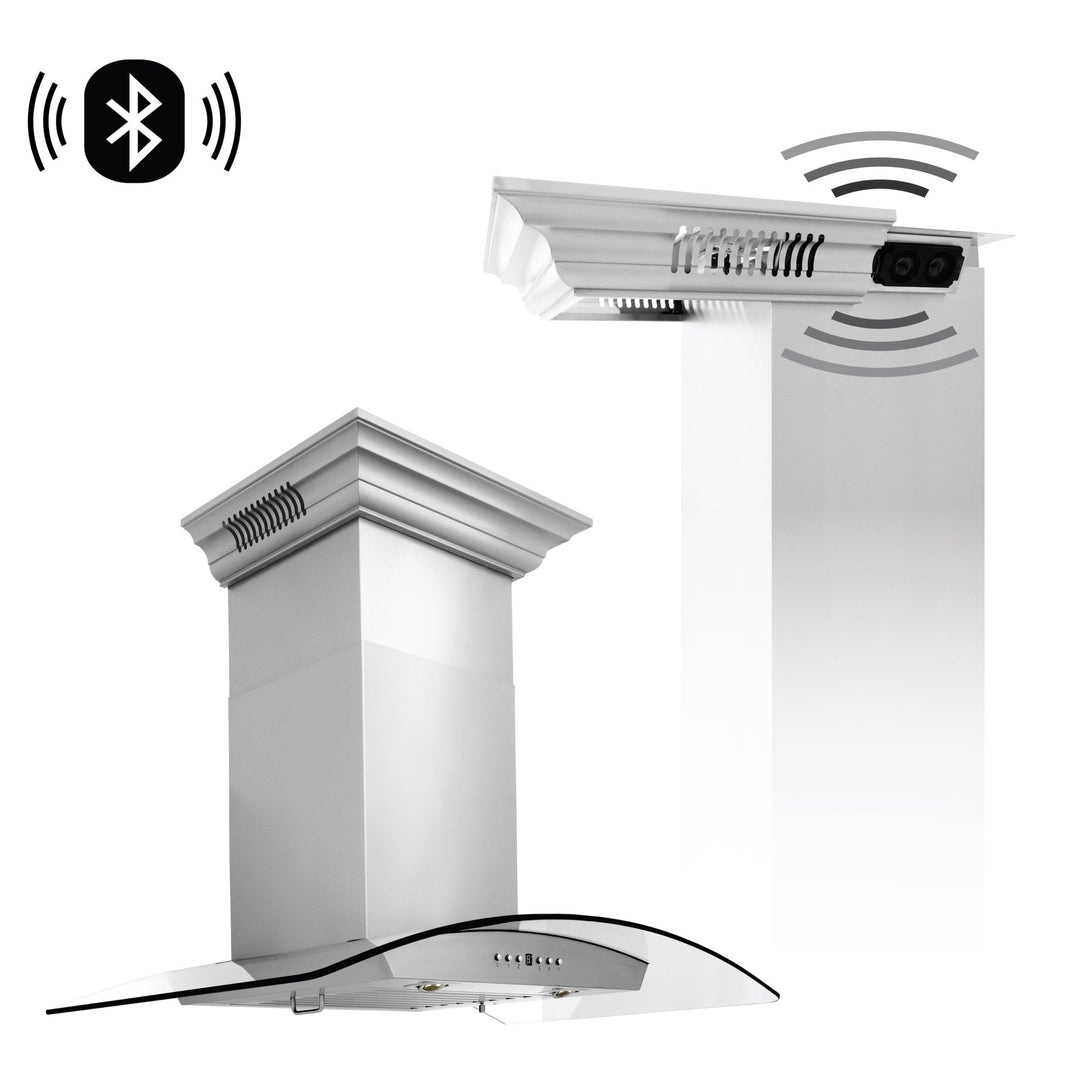 36" ZLINE CrownSoundâ„¢Ducted Vent Wall Mount Range Hood in Stainless Steel with Built-in Bluetooth Speakers (KZCRN-BT-36)