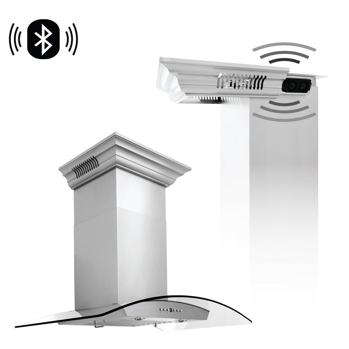 36" ZLINE CrownSoundâ„¢Ducted Vent Wall Mount Range Hood in Stainless Steel with Built-in Bluetooth Speakers (KZCRN-BT-36)