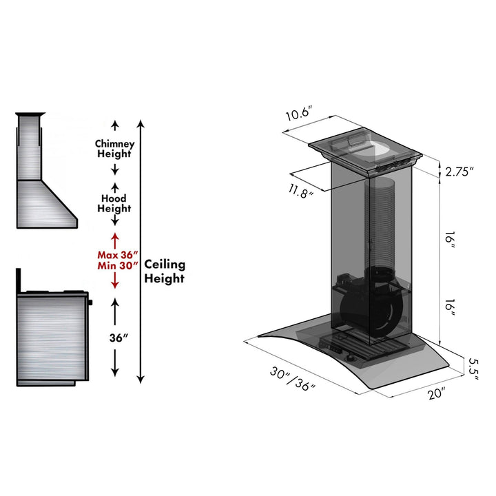 36" ZLINE CrownSoundâ„¢Ducted Vent Wall Mount Range Hood in Stainless Steel with Built-in Bluetooth Speakers (KZCRN-BT-36)