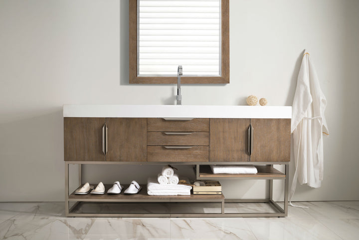 Columbia 72" Single Vanity, Latte Oak, Brushed Nickel w/ Glossy White Composite Stone Top