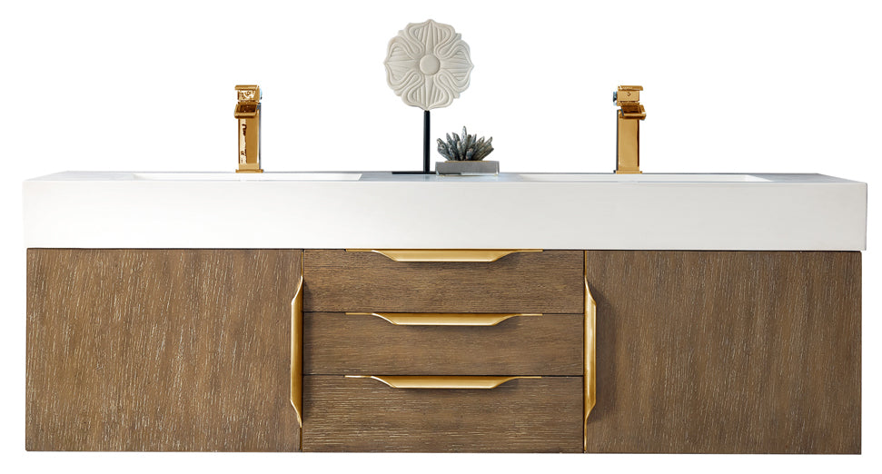 Columbia 59" Double Wall Mount Vanity, Latte Oak, Radiant Gold w/ Glossy White Composite Stone Top