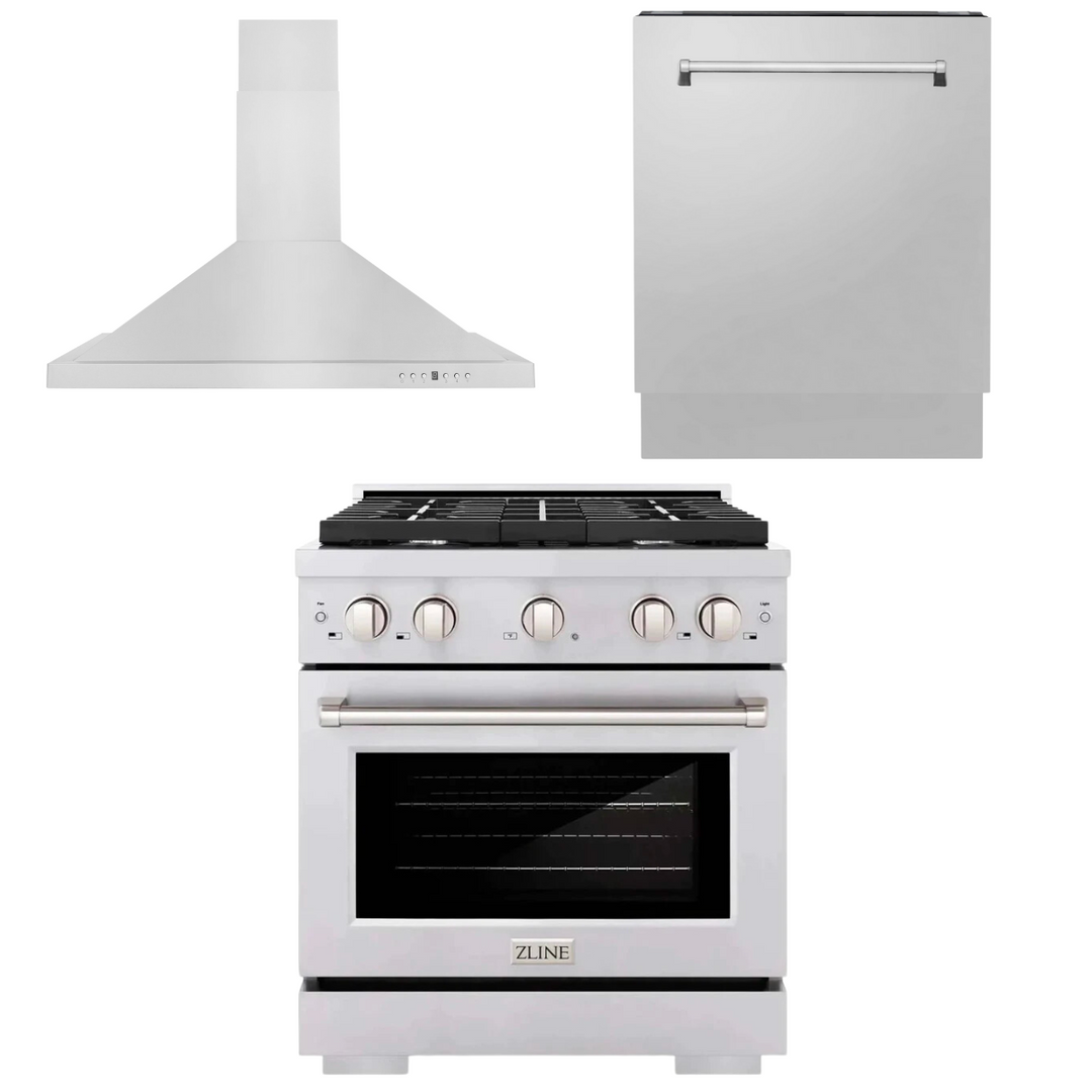 ZLINE Appliance Package - 30 in. Gas Range, Range Hood, 3 Rack Dishwasher, 3KP-SGRRH30-DWV