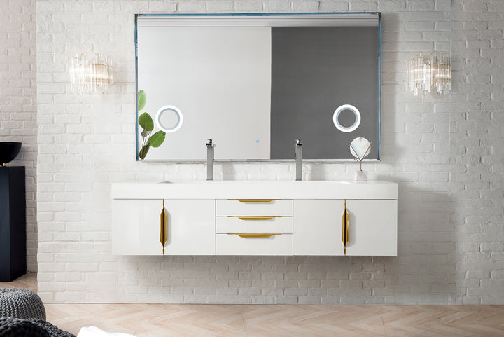Columbia 72" Double Wall Mount Vanity, Glossy White, Radiant Gold w/ Glossy White Composite Stone Top