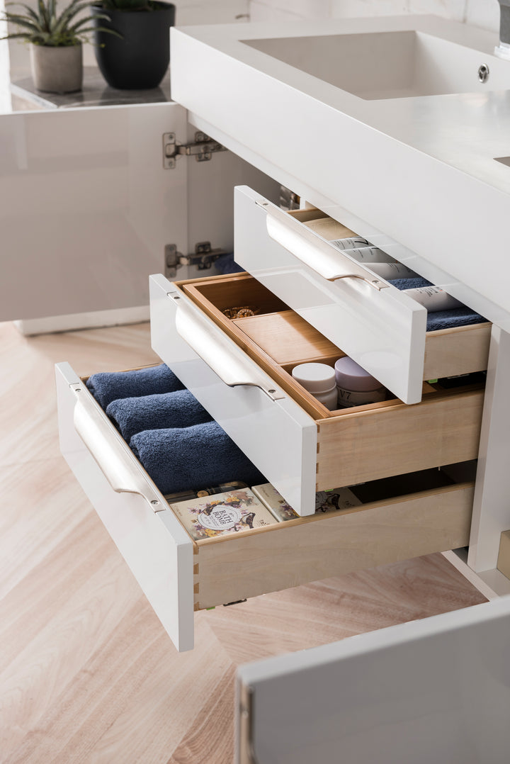 Columbia 59" Double Wall Mount Vanity, Glossy White, Brushed Nickel w/ Glossy White Composite Stone Top